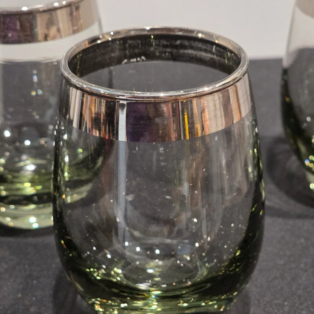 Vintage MCM Drinkware Smoke Green Barware Metallic Trim Retro Stemless‎ Set of 5
